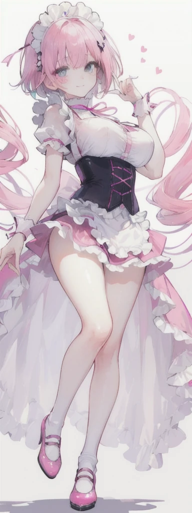 (short pink hair) blue eyes, (Eyes behind long bangs) big breasts, using accessories (using socks) perfect shiny beautiful pink shoes (Wearing luxurious palace pink maid clothes Perfect perfect noble) Pose facing sideways (Girl1, straight pinky hair not too long, bangs covering one eye, soft face, gentle smile) ((Standing position with long legs, bare thighs, image position visible from bottom of feet to top of head) SHORT pink hair, beautiful blue eyes (Free pose, right hand down, left hand down, ((Free pose))smile kawai, (blank white background) Wearing a pink corset, (Using a beautiful bright pink ribbon) Kawai shy cute eyes (cyan colored shoes must be shiny, Must wear short white socks) ((short skirt)) short sleeves (image according to tag)