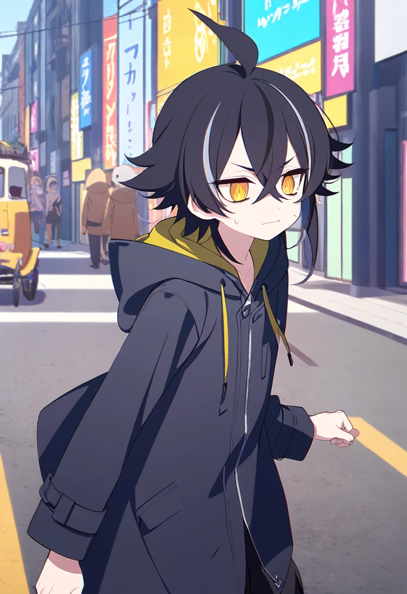 (One cute boy,blue-purplestreaked black hair,Shortcuts,yellow eyes,Sharp Eye,Hooded coat)Walking in the city