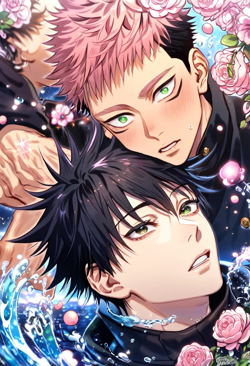 absurdres, highres, ultra detailed, HDR, master piece, best quality, extremely detailed, Fushiguro Megumi, black hair, expressive green eyes, Jujutsu Kaisen, Itadori Yuuji, pink hair, expressive brown eyes, two sexy men together, gay couple, yaoi, handsome, black clothes, fantasy, water, sparkling, pink glittering fireflies, pinkmoon, pink flowers, magical, starry sky