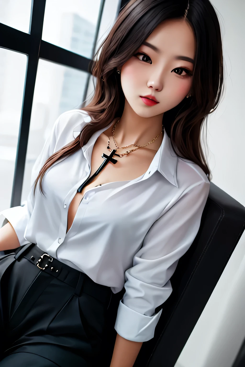 Amazing portait of a sexy woman wearing a shirt and black cargo pants with a cross necklace