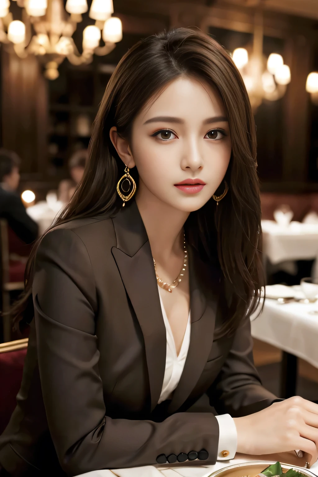 masterpiece, Highest quality, Realistic, Very detailed, Finer details, High resolution, 8k wallpaper, One beautiful woman, Wear a nice suit, In a great restaurant, At night, Light brown messy hair, Perfect dynamic composition, Beautiful and beautiful eyes、Big earrings、Sit on a chair、