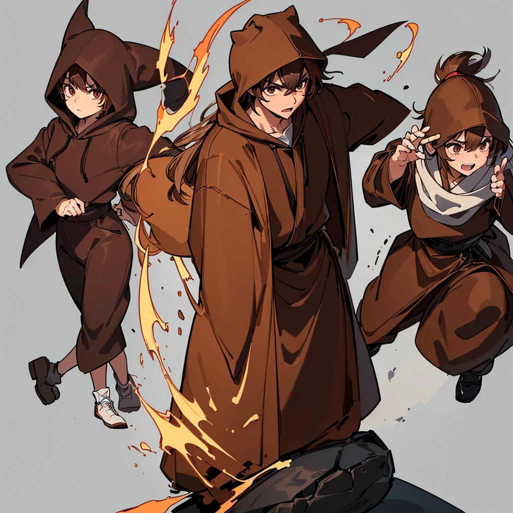 (Full body character concept)、((((behindから、behind姿、behind))))、(((Wear a brown hood)))、(((Long sleeve、Brown robes、pants、Black shoes)))、Best illustrations、Best Quality、(23 years old)、Medieval Fantasy、Fighting stance、(White background)