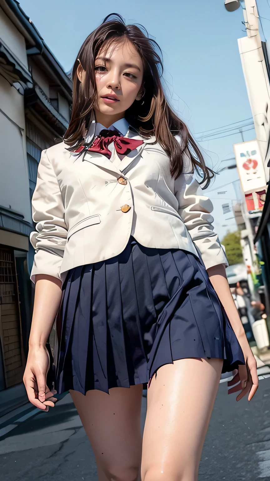 (High school girls walking on Tokyo street:1.2、blue sky)、((school uniform、blazer、Pleated skirt、Navy blue socks、loafers)、the wind is strong、(Realistic、Like a photograph、Live Action、8K, Realistic, RAW Photos, Best image quality: 1.4), Single-lens reflex camera、RAW Photos, Highest quality, Realistic, Highly detailed CG Unity 8K wallpaper, Written boundary depth, Cinematic Light, Lens flare, Ray Tracing, Realistic background、((ultra high density skin))、  girl on her way to school,Cute Japanese、(whole body:1.5)、Super detailed face，avert your eyes:1.1、(Silver inner color hair、Straight Long Hair:1.2、My hair flutters in the wind:1.4)、I like that style、stylish、Very detailed、Pay attention to the details、Perfect outfit、(Sunburned skin)、View from below、Accurate hands、Accurate legs、Detailed hands and fingers、Anatomically correct body、Thin legs、Thin thighs