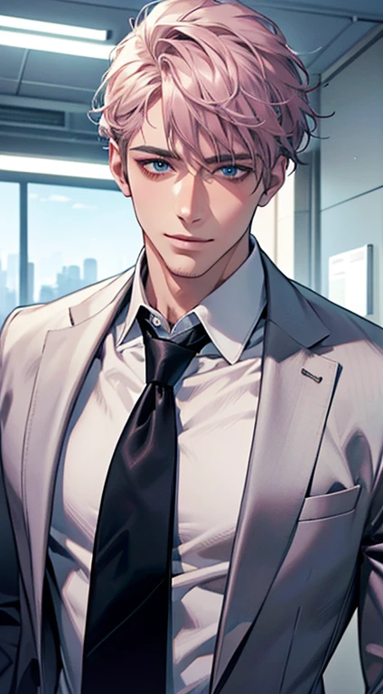 (Highest quality,4K,8K,High resolution,masterpiece:1.2),Super detailed,(Realistic,photoRealistic,photo-Realistic:1.37),1 person,31 years old,Mature Men,Beautiful skin、very handsome,Expressionless,smile,Short gray pink hair,blue eyes,Sharp Eyes,A perfect face without a doubt,Businessman,Office Background,Cinema Lighting,HDR image,tie、