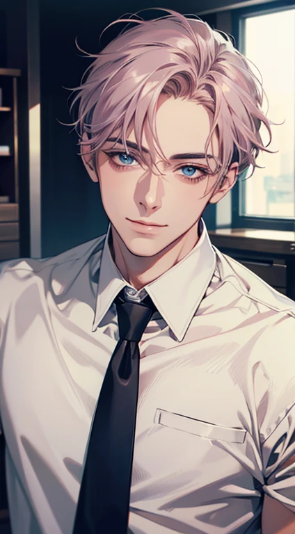 (Highest quality,4K,8K,High resolution,masterpiece:1.2),Super detailed,(Realistic,photoRealistic,photo-Realistic:1.37),1 person,31 years old,Mature Men,Beautiful skin、very handsome,Expressionless,smile,Short gray pink hair,blue eyes,Sharp Eyes,A perfect face without a doubt,Businessman,Office Background,Cinema Lighting,HDR image,tie、