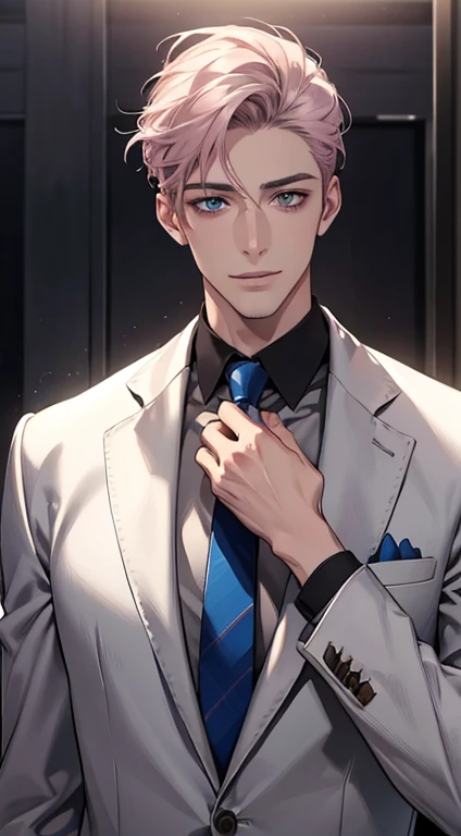 (Highest quality,4K,8K,High resolution,masterpiece:1.2),Super detailed,(Realistic,photoRealistic,photo-Realistic:1.37),1 person,31 years old,Mature Men,Beautiful skin、very handsome,Expressionless,smile,Short gray pink hair,blue eyes,Sharp Eyes,A perfect face without a doubt,Businessman,Office Background,Cinema Lighting,HDR image,tie、
