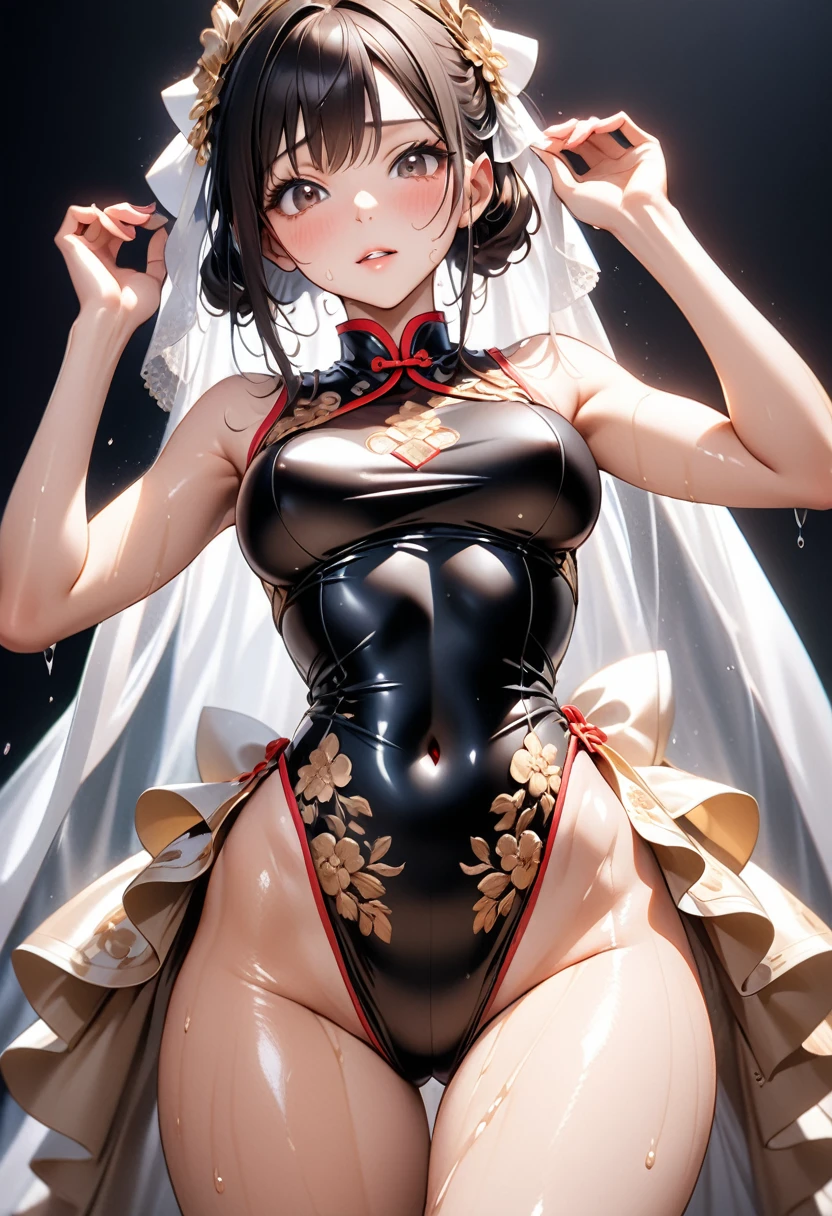 ((Gold embroidered cheongsam)), skindentation, skinny, solo, 1 woman, Masterpiece, highest quality, highest quality, 16K, incredibly absurd, highly detailed, 2.5D, ai-generated, delicate and dynamic, very delicate facial expressions, delicate eye depiction, erotic, only sexy woman, healthy figure, 25-year-old woman, bride, 160cm tall, medium firm swaying bust, (dark hair), black eye, blush, Sweat,Embarrassed,sexy, ((thin thighs)), (Erect nipples:0.9), ((shiny and lustrous)), facing straight at viewer, ((brown_skin:1.5)), ((Oily_skin)), sweaty skin, wet skin, dutch angle, sexy pose,