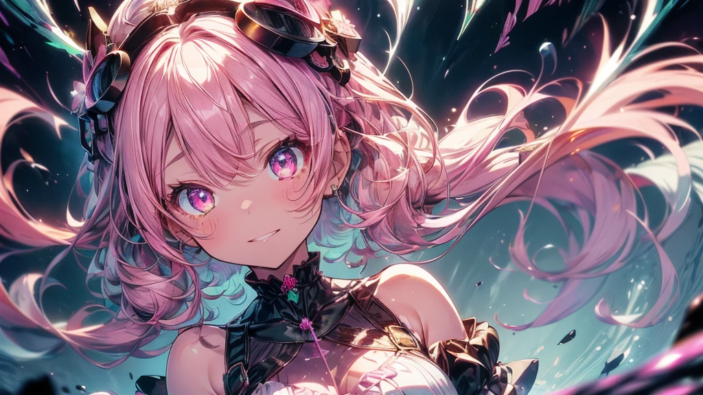 Equipment:2.Steam engine:2.whole body:2.Steampunk Style:2.hourglass、Equipment:2、((Tabletop))),((Ultra-detailed,Highest quality, High resolution)), (1 Girl)((Pink Hair, Long Hair,Straight hair,Both sides up)) (Green Eyes),eye shadow, Eyeliner,Glow Eyes, Ultra-detailed eyes, Complex eyes, Beautiful Eyes, ((Shining pink eyes))18-year-old girl、Frills.smile .hourglassの背景、大きなhourglass.((High contrast RGB effect, LED Effect, Kaleidoscope effect, Glowing effect, Ripple effects, Glitter RGB Effect)) Laughter