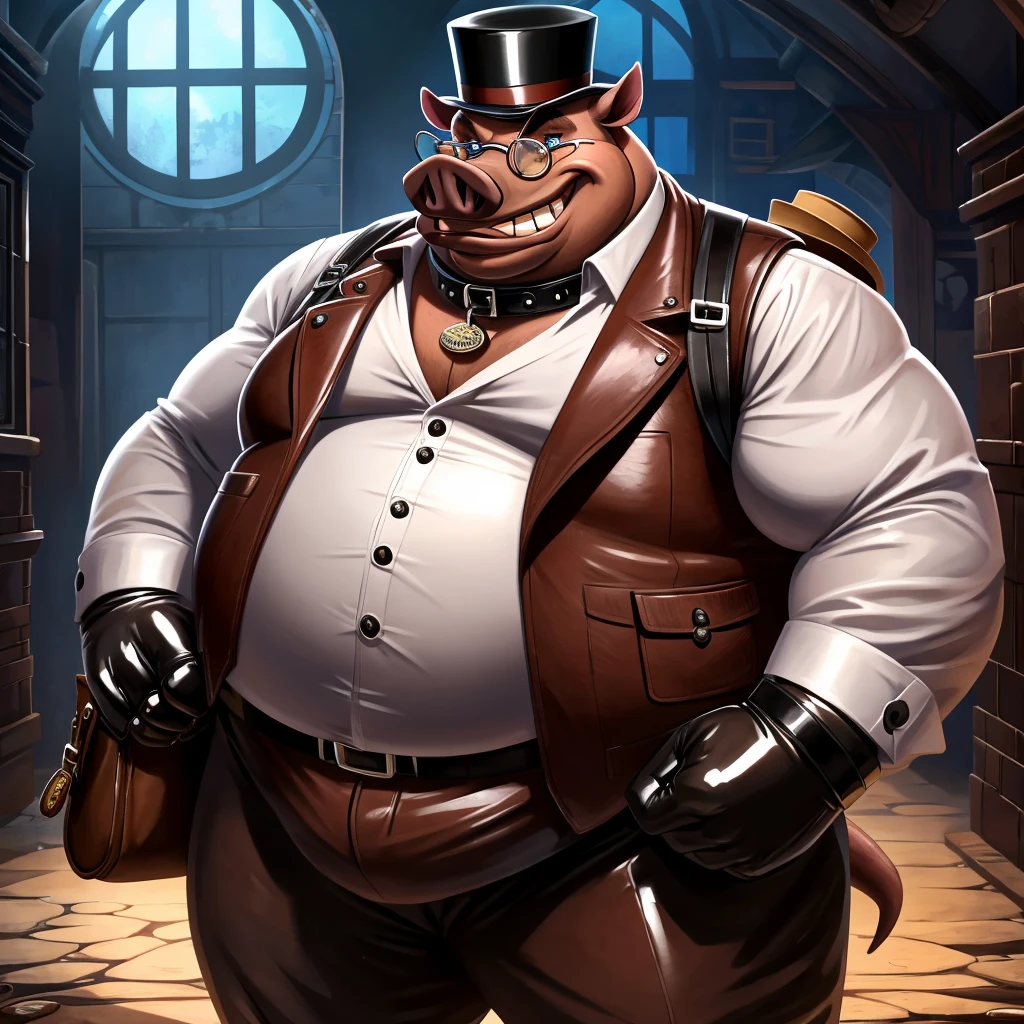 Solo, Male, fat, extremely obese, gentleman, dapper Professor Warthog, blue eyes, (posing:1.3), (soft shading), 4k, hi res, ((detailed face, detailed)), looking at viewer, evil grin, steampunk, collared shirt with buttons, top hat, male focus, Explorer Outfit, glasses, monocle, bag, vest with buttons, backpack, sleeves rolled up, round eyewear, brown headwear, brown vest, Warthog is wearing a glossy leather dog collar around the neck, Warthog is wearing the leather collar and shirt and vest at the same time, Warthog is wearing glossy white rubber gloves on the hands, wearing white rubber gloves on the feet, Warthog is wearing glossy white cuffs around the wrists with cufflinks, gloves are rubber in texture, clenching teeth, clenching fists, leather collar is glossy and shiny with a lot of detail, Warthog is wearing gloves and cuffs and cufflinks at the same time, leather collar has a round dog-tag, leather collar is thick and detailed.