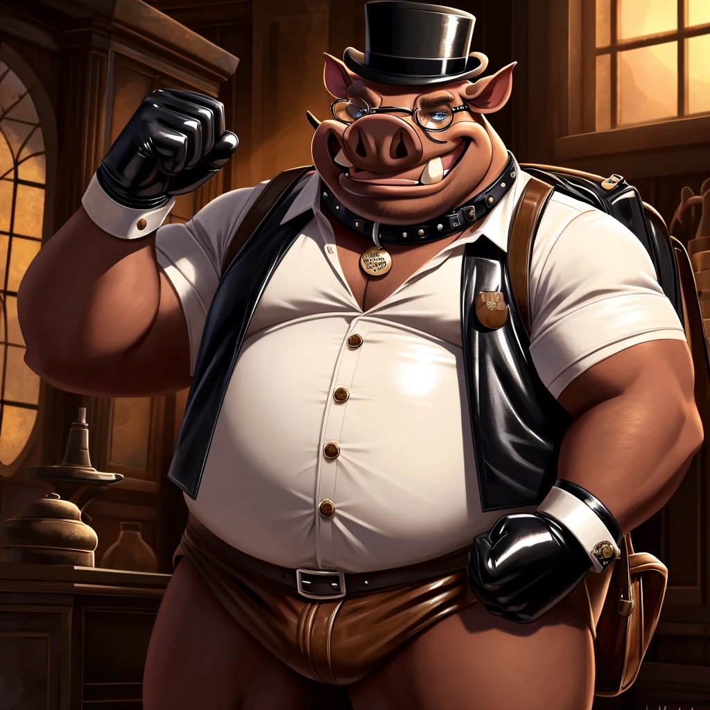 Solo, Male, fat, extremely obese, gentleman, dapper Professor Warthog, blue eyes, (posing:1.3), (soft shading), 4k, hi res, ((detailed face, detailed)), looking at viewer, evil grin, steampunk, collared shirt with buttons, top hat, male focus, Explorer Outfit, glasses, monocle, bag, vest with buttons, backpack, sleeves rolled up, round eyewear, brown headwear, brown vest, Warthog is wearing a glossy leather dog collar around the neck, Warthog is wearing the leather collar and shirt and vest at the same time, Warthog is wearing glossy white rubber gloves on the hands, wearing white rubber gloves on the feet, Warthog is wearing glossy white cuffs around the wrists with cufflinks, gloves are rubber in texture, clenching teeth, clenching fists, leather collar is glossy and shiny with a lot of detail, Warthog is wearing gloves and cuffs and cufflinks at the same time, leather collar has a round dog-tag, leather collar is thick and detailed.