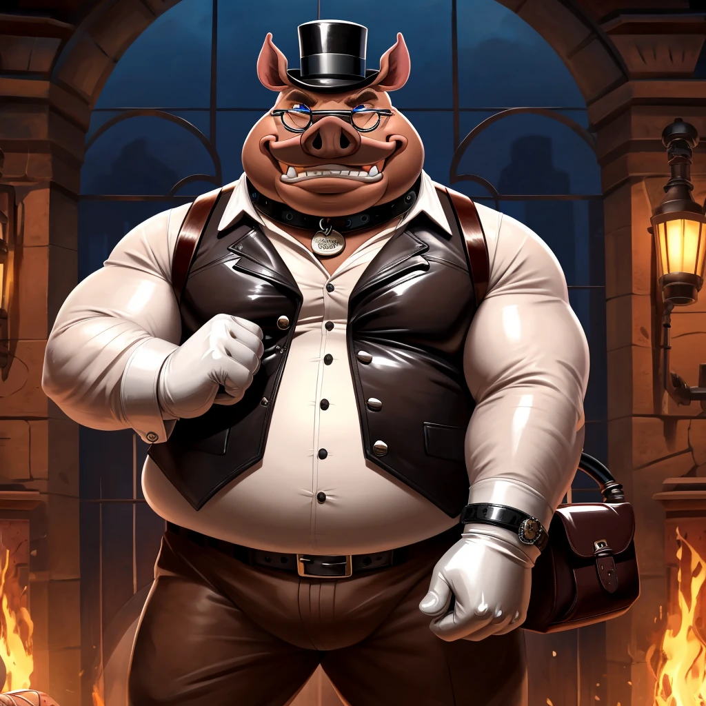 Solo, Male, fat, extremely obese, gentleman, dapper Professor Warthog, blue eyes, (posing:1.3), (soft shading), 4k, hi res, ((detailed face, detailed)), looking at viewer, evil grin, steampunk, collared shirt with buttons, top hat, male focus, Explorer Outfit, glasses, monocle, bag, vest with buttons, backpack, sleeves rolled up, round eyewear, brown headwear, brown vest, Warthog is wearing a glossy leather dog collar around the neck, Warthog is wearing the leather collar and shirt and vest at the same time, Warthog is wearing glossy white rubber gloves on the hands, wearing white rubber gloves on the feet, Warthog is wearing glossy white cuffs around the wrists with cufflinks, gloves are rubber in texture, clenching teeth, clenching fists, leather collar is glossy and shiny with a lot of detail, Warthog is wearing gloves and cuffs and cufflinks at the same time, leather collar has a round dog-tag, leather collar is thick and detailed.