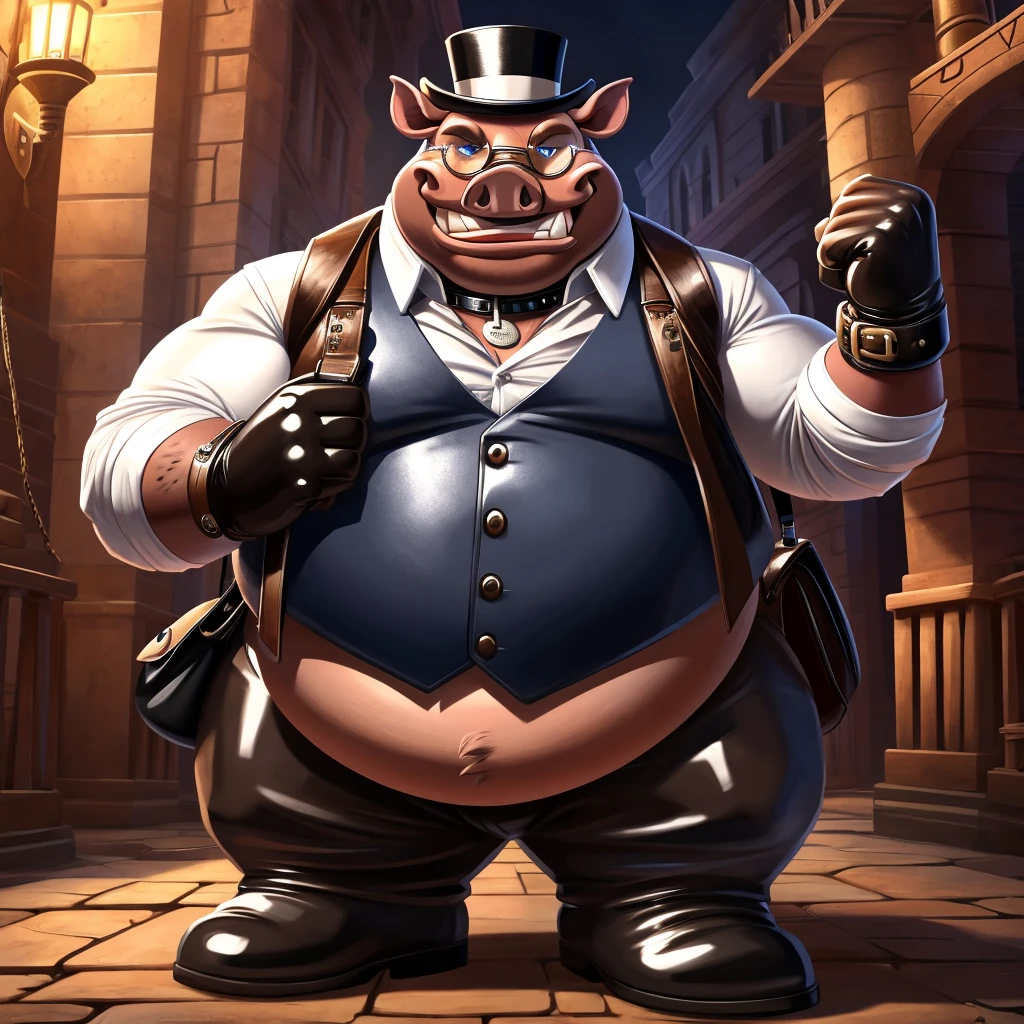 Solo, Male, fat, extremely obese, gentleman, dapper Professor Warthog, blue eyes, (posing:1.3), (soft shading), 4k, hi res, ((detailed face, detailed)), looking at viewer, evil grin, steampunk, collared shirt with buttons, top hat, male focus, Explorer Outfit, glasses, monocle, bag, vest with buttons, backpack, sleeves rolled up, round eyewear, brown headwear, brown vest, Warthog is wearing a glossy leather dog collar around the neck, Warthog is wearing the leather collar and shirt and vest at the same time, Warthog is wearing glossy white rubber gloves on the hands, wearing white rubber gloves on the feet, Warthog is wearing glossy white cuffs around the wrists with cufflinks, gloves are rubber in texture, clenching teeth, clenching fists, leather collar is glossy and shiny with a lot of detail, Warthog is wearing gloves and cuffs and cufflinks at the same time, leather collar has a round dog-tag, leather collar is thick and detailed.