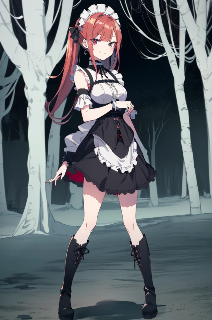 [(dark forest background:1.4)::5],original,(illustration:1.1),(best quality),(masterpiece:1.1),(extremely detailed CG unity 8k wallpaper:1.1), (colorful:0.9),(mid shot:0.95),(full body:1.5),Dynamic angle,(solo:1.2), (girl),((adult)), (detailed beautiful eyes:1.15), (beautiful face:1.15), (glowing red eyes:1.25////),((red medium hair)),(blunt bangs),(high twintails),(+perfect hand+:1.21),(Draw an illustration of a gothic girl),(Religious),(slender),(is wearing boots on her feet),((is wearing white maid clothes)),(furious), Lace Off-shoulder lolita fashion,beautiful slender woman,((evil smile)),adult,thin legs,((red hair)),((mini skirt)),((mini skirt)),((black boots)),((black boots)),((black boots)),dynamic angle,dynamic pose,