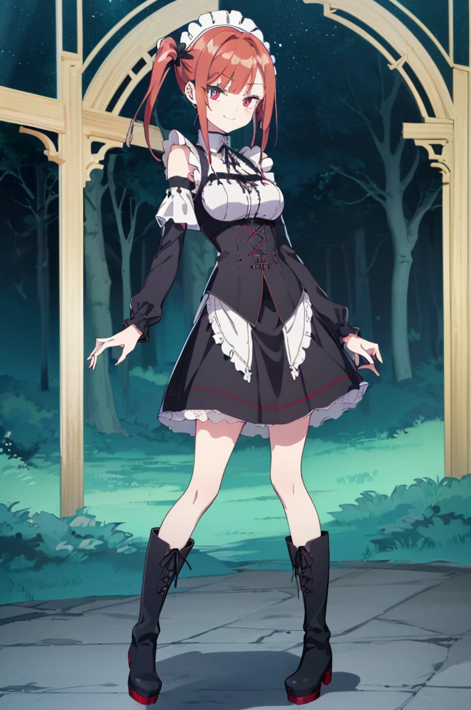 [(dark forest background:1.4)::5],original,(illustration:1.1),(best quality),(masterpiece:1.1),(extremely detailed CG unity 8k wallpaper:1.1), (colorful:0.9),(mid shot:0.95),(full body:1.5),Dynamic angle,(solo:1.2), (girl),((adult)), (detailed beautiful eyes:1.15), (beautiful face:1.15), (glowing red eyes:1.25////),((red medium hair)),(blunt bangs),(high twintails),(+perfect hand+:1.21),(Draw an illustration of a gothic girl),(Religious),(slender),(is wearing boots on her feet),((is wearing white maid clothes)),(furious), Lace Off-shoulder lolita fashion,beautiful slender woman,((evil smile)),adult,thin legs,((red hair)),((mini skirt)),((mini skirt)),((black boots)),((black boots)),((black boots)),dynamic angle,dynamic pose,
