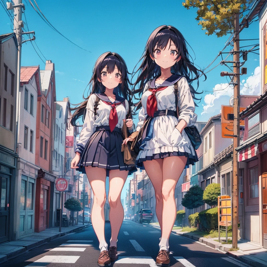 Sky background animation, A beautiful and harmonious scene, Exquisite animations, Rich details, high quality, Vivid 4K, Artistic 4k wallpapers, Amazing anime scenery((Top view)) ((giant girl)) ((giantess)) ((Tall Girl)) ((car)) ((telephone pole)) ((vending machine)) masterpiece Unreal Engine Anime Style Delicate painting 4K 90's giant Multiple Girls crowd Residential Street Japanese house Giant standing on the road school uniform Sailor suit skirt Black Hair smile female giant giant girl Whole body cars Crowd Unreal Engine,cleavage ,a drawing of a , earrings, long hair, 1980s (style) Cute picture Beauty Analog style whole body sneakers