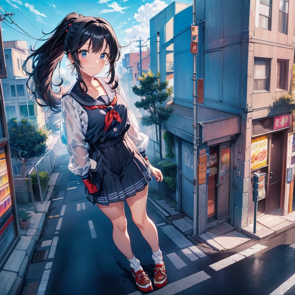 Sky background animation, A beautiful and harmonious scene, Exquisite animations, Rich details, high quality, Vivid 4K, Artistic 4k wallpapers, Amazing anime scenery((Top view)) ((giant girl)) ((giantess)) ((Tall Girl)) ((car)) ((telephone pole)) ((vending machine)) masterpiece Unreal Engine Anime Style Delicate painting 4K 90's giant Multiple Girls crowd Residential Street Japanese house Giant standing on the road school uniform Sailor suit skirt Black Hair smile female giant giant girl Whole body cars Crowd Unreal Engine,cleavage ,a drawing of a , earrings, long hair, 1980s (style) Cute picture Beauty Analog style whole body sneakers