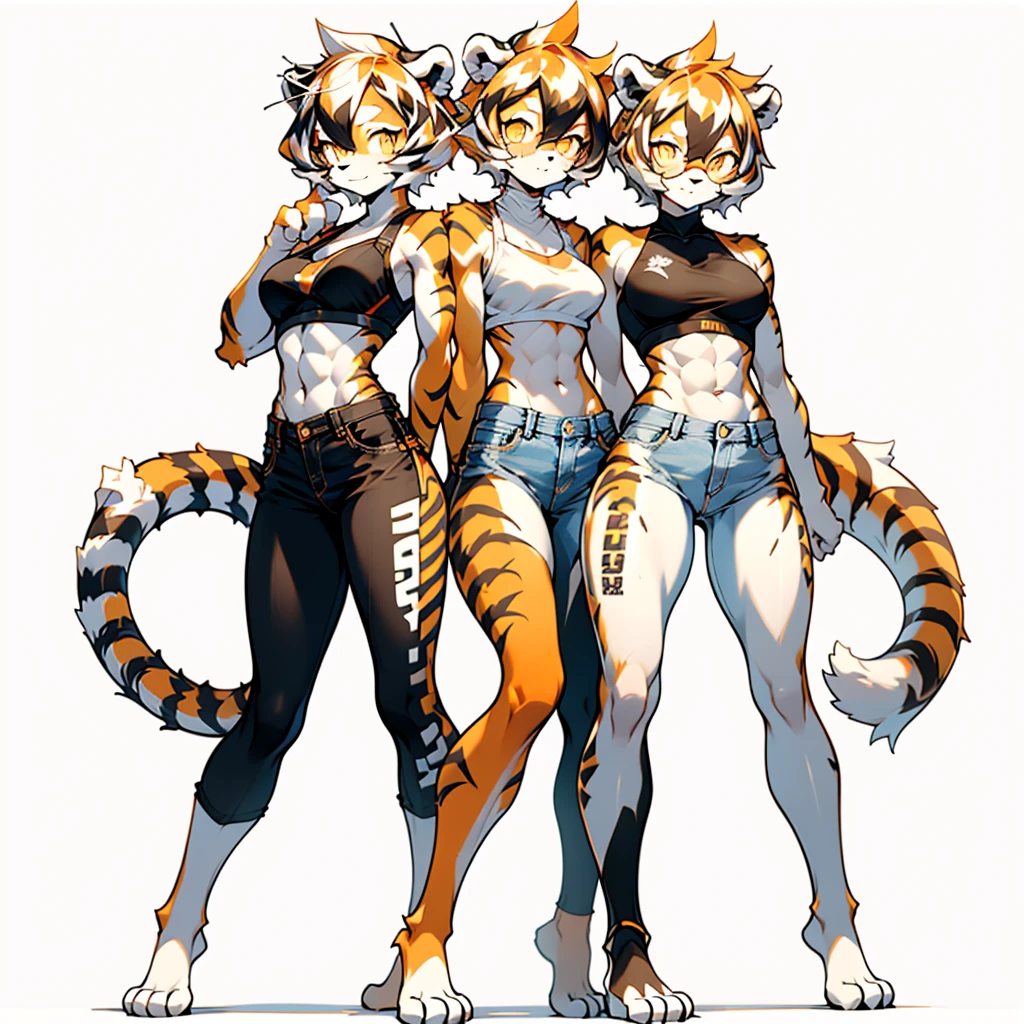 white background, full body, ((1girl,furry)), Standing Yoga mat, animal ears, arknights, white hair, black hair, round eyewear, glasses, OPPEIN, short hair, large breasts, muscle, tail, orange eyes, orange hair, multicolored hair, tiger girl, furry female, hair between eyes, tiger_ears, tiger_tail, orange-tinted_eyewear, tinted_eyewear, Sophorae, ワイフー, tattoo, petite, neck tattoo, big breasts, stomach tattoo, bra, panties, evil smile, Shadows under feet, Abdominal muscles, (((Muslin bra, denim hot pants, white stockings,plimsolls)))