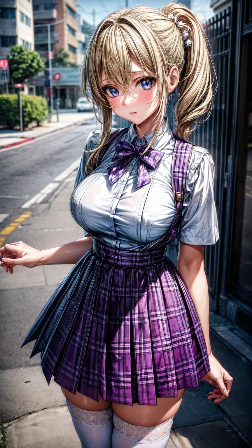1girl,masterpiece,best quality,blonde hair,(ponytails),blue eyes,(white stockings),(purple plaid skirt),short skirt,standing,in full length,medium breasts,white t shirt,in front of streets,extremely detailed,[[realistic]],beautiful alluring anime teen,seductive anime girl,waving skirt