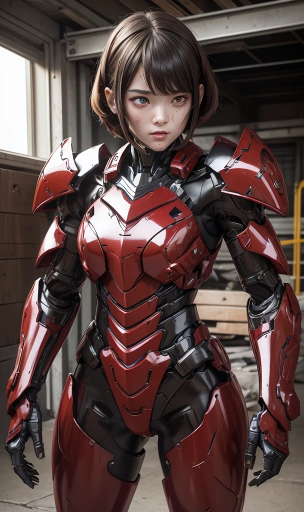 Textured skin, Super detailed, Attention to detail, high quality, 最high quality, High resolution, 1080P, hard disk, beautiful,(War Machine),beautifulサイボーグ女性,red and black mecha cyborg girl,Battle Mode,Girl with a mechanical body(armor red 7、black 3 ratio),She is wearing a futuristic combat weapon mecha、Very Short Hair、Brown eyes、Sweaty face、Tired look、 Open your mouth Sexy Eyes Steam coming out of the head Kneel Full Face Destroyed combat uniforms Heavily damaged armor Sweaty face Woman with distressed expression completely and partially destroyed