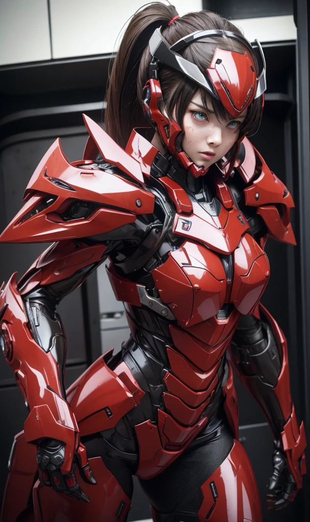 Textured skin, Super detailed, Attention to detail, high quality, 最high quality, High resolution, 1080P, hard disk, beautiful,(War Machine),beautifulサイボーグ女性,red and black mecha cyborg girl,Battle Mode,Girl with a mechanical body(armor red 7、black 3 ratio),She is wearing a futuristic combat weapon mecha、Very Short Hair、Brown eyes、Sweaty face、Tired look、　Open your mouth　Sexy Eyes　Steam coming out of the head　Kneel　Full Face　Destroyed combat uniforms　Heavily damaged armor　Sweaty face　Woman with distressed expression　completely and partially destroyed