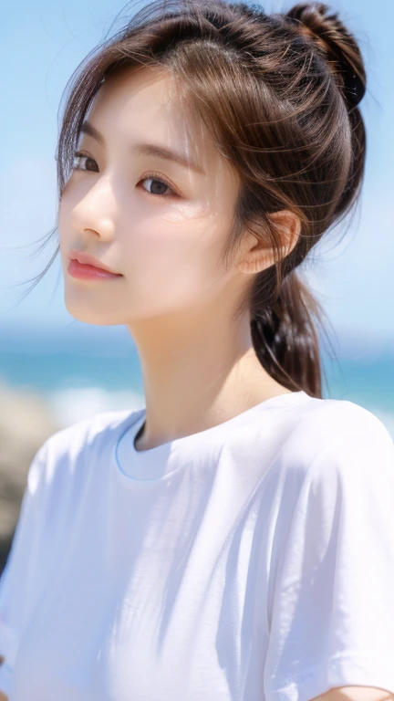Highest quality、Japanese women、The most beautiful woman in the world、sexy、Brown Hair、Ponytail hairstyle、Small face、Beautiful skin、Ocean、beach、Large breasts、White T-shirt、