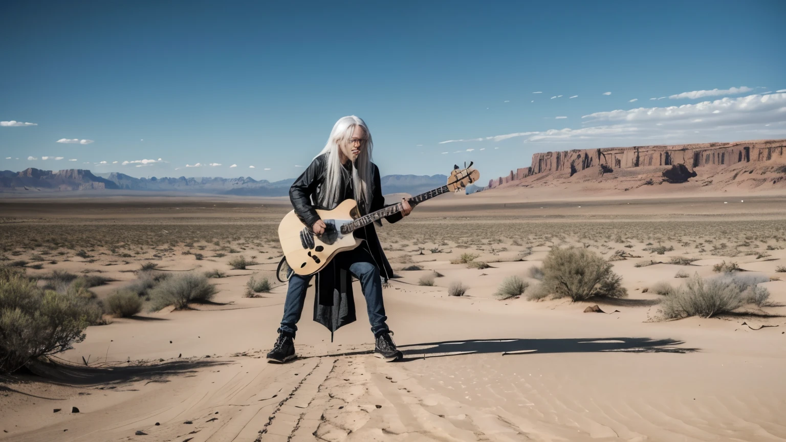 frog with long white hair playing bass in desert