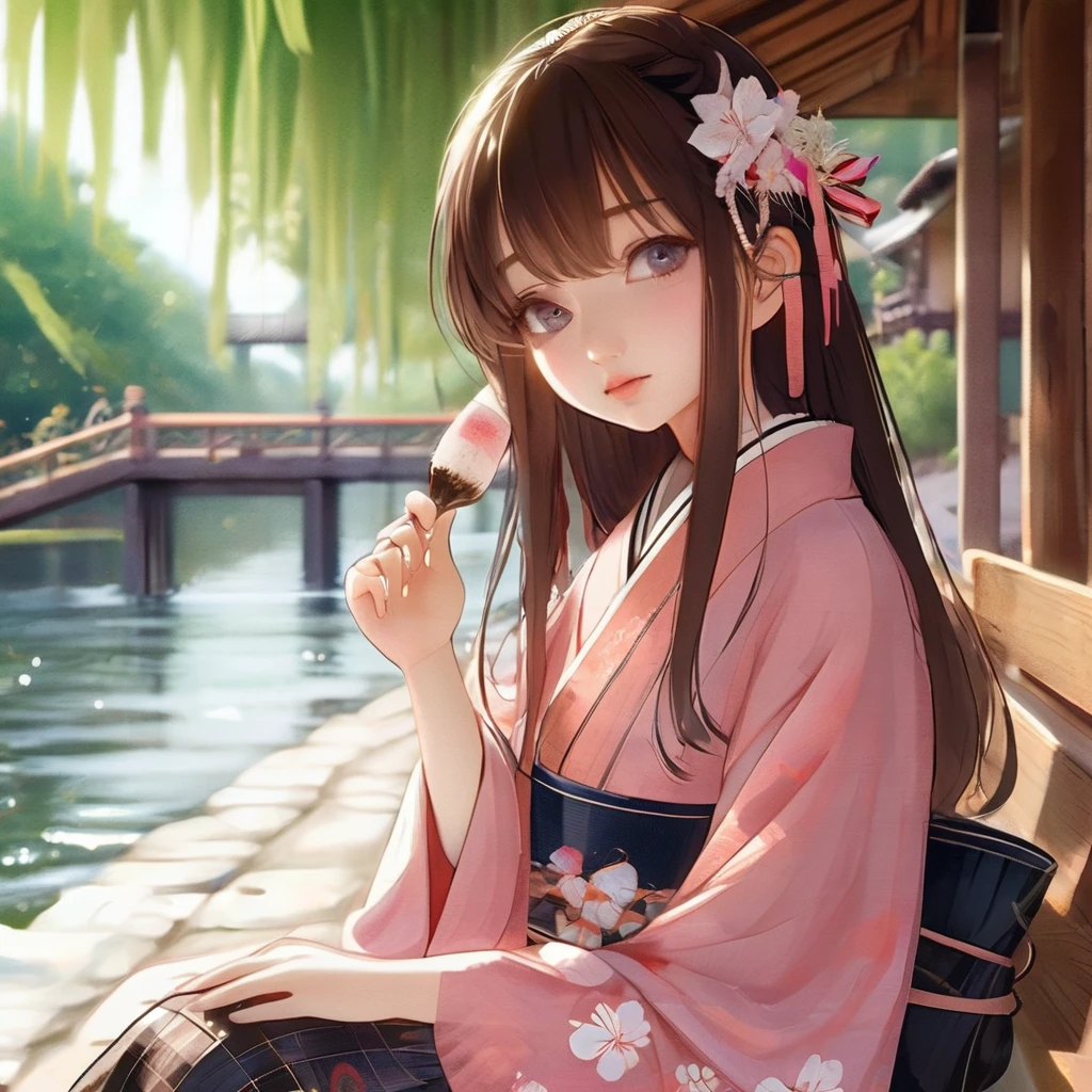 Wearing a lapis lazuli kimono in the dark１７Year-old girl、Shiny black long straight hair、Up to the waist、Red and white mesh hair on a black background、Orange and red gradient eyeshadow、Slightly open red mouth、Walking quietly on the water、White tabi socks、Red cord、Sandals decorated with bells and white flowers、Holding a Japanese-style flute in his right hand、water pattern、Water Drop、A heron jumps out of the water、Take Off、Waterweed、water lily、
masterpiece, ultra detailed, best quality, hyperrealistic, photorealistic, 


