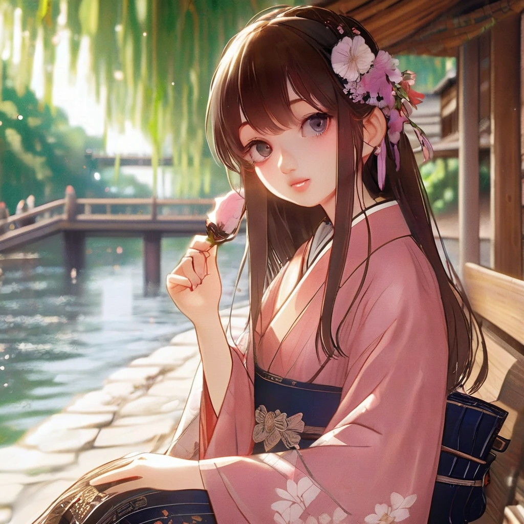 Wearing a lapis lazuli kimono in the dark１７Year-old girl、Shiny black long straight hair、Up to the waist、Red and white mesh hair on a black background、Orange and red gradient eyeshadow、Slightly open red mouth、Walking quietly on the water、White tabi socks、Red cord、Sandals decorated with bells and white flowers、Holding a Japanese-style flute in his right hand、water pattern、Water Drop、A heron jumps out of the water、Take Off、Waterweed、water lily、
masterpiece, ultra detailed, best quality, hyperrealistic, photorealistic, 


