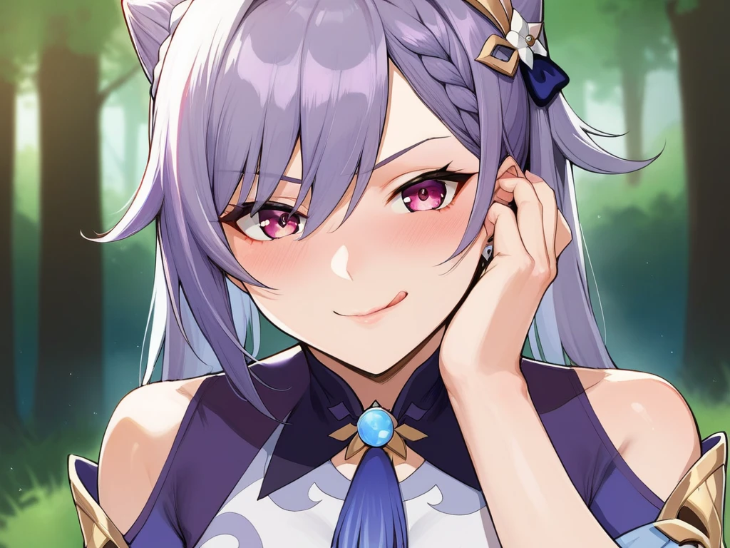 score_9, score_8_up, score_7_up, score_6_up, source_anime, BREAK by ikuchan kaoru, iku, clean color, flat color,1girl, genshin impact, keqing genshin impact, outdoors, in Forest, face focus, face closeup, face, face only, smug, shy, embarrassed, licking lips, ((seductive)), alluring, seduce, hair over one eye, tongue, licking lips, adjusting hair