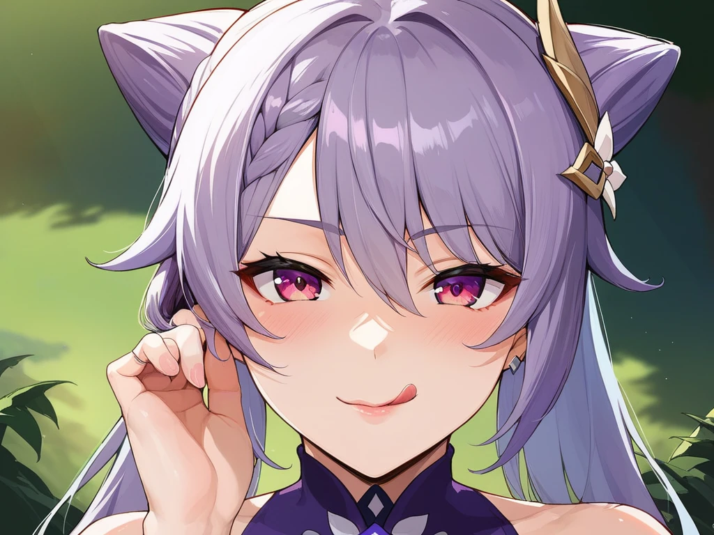 score_9, score_8_up, score_7_up, score_6_up, source_anime, BREAK by ikuchan kaoru, iku, clean color, flat color,1girl, genshin impact, keqing genshin impact, outdoors, in Forest,  face focus, face closeup, face, face only, smug, shy, embarrassed, licking lips, ((seductive)), alluring, seduce, hair over one eye, tongue, licking lips, adjusting hair