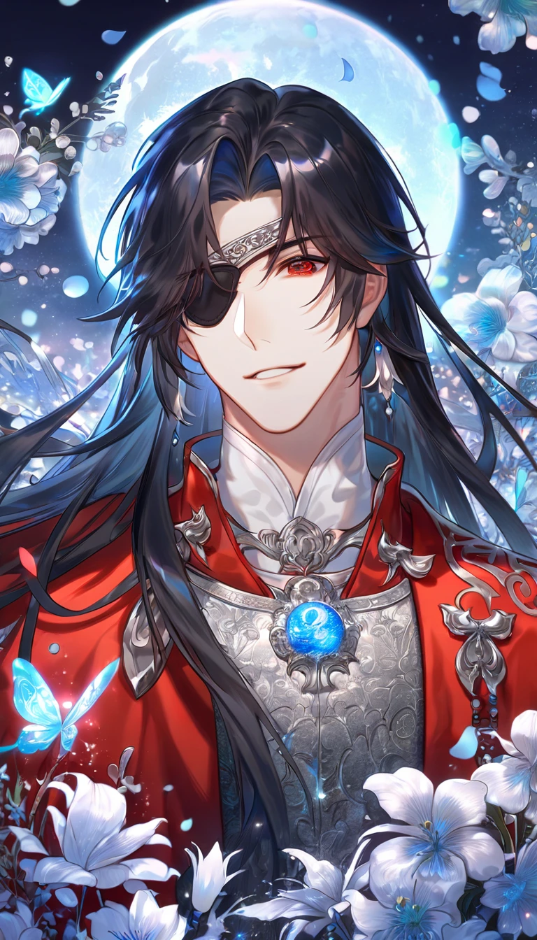 absurdres, highres, ultra detailed, HDR, master piece, Hua Cheng, black long hair, expressive red eye, black eye patch on his let eye, Heaven Official's Blessing, sexy man, handsome, best quality, blue moon, flowers, fantasy, magical, solo, water, blue shining fireflies, blue petals, red clothes, handsome smile, silver small butterflies, silver dust