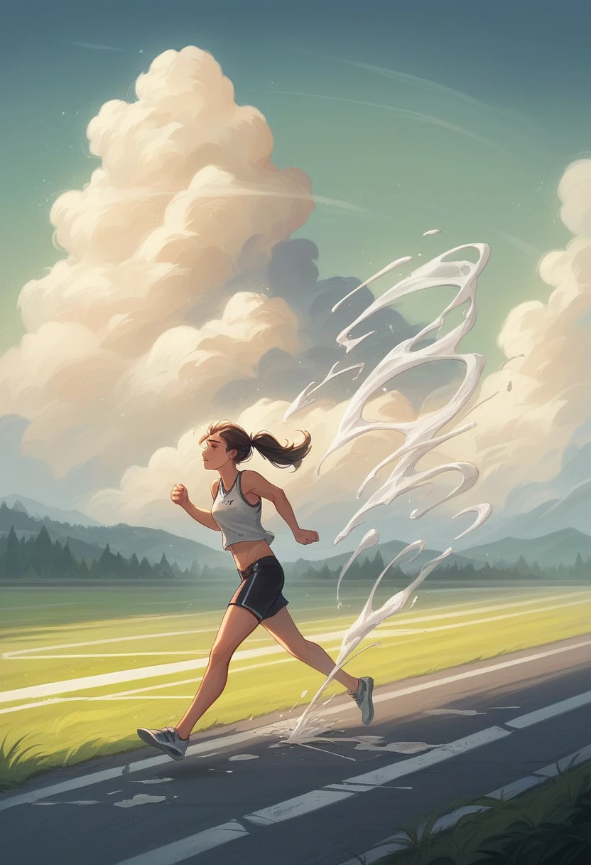 1 girl, solo, running, Gray Track Top, pink , ponytail, athletic build, dynamic brushstrokes, fluid movement, capturing the essence of her athleticism and energy, using light colors and soft tones to create a dreamy and ethereal atmosphere, portraying the motion and grace of running, showing the wind blowing herhai and clothes, and the scenery of her surroundings.

outdoors, detailed background, Modern metropolis,