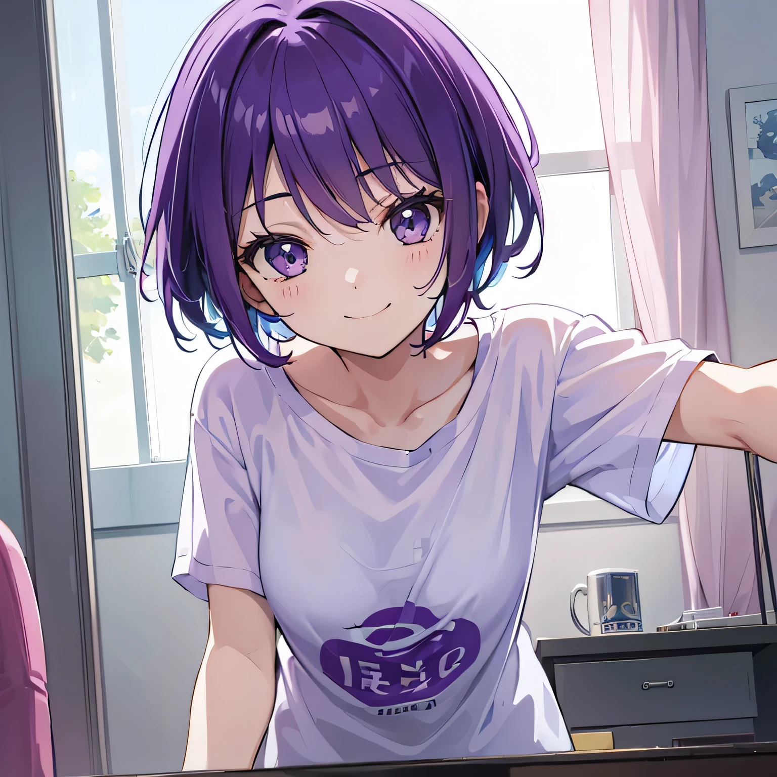 (T Masterpiece,4k wallpaper,Best Quality))、((girl1people))、(solo)、Bright and Brilliant,(Purple Hair)、(short hair:1.3)、smile、Bedroom、T-Shirtorning