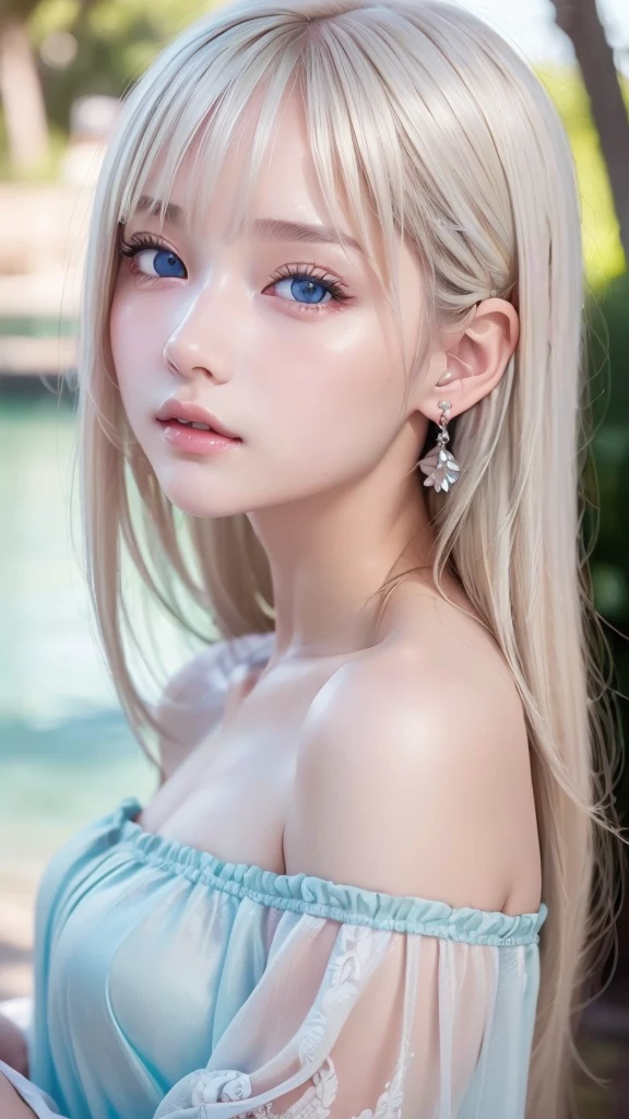 ((sfw: 1.4)), (( detailed face, cute face, detailed face, professional photography)), ((from side)), (( off-the-shoulder top)), (( Shiny platinum blonde silk hair, beautiful shiny bangs, big clear sky blue eyes, very beautiful bright eye highlights, earrings, 1 Girl)), Ultra High Resolution, (Realistic: 1.4), RAW Photo, Best Quality, (Photorealistic Stick), Focus, Soft Light, ((15 years old)), (( (young face))), (surface), (depth of field), masterpiece, (realistic), woman, bangs, ((1 girl))