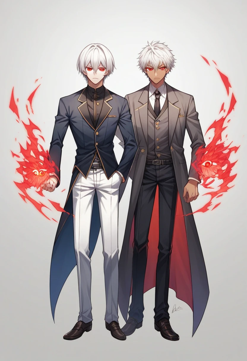 anime boy with red eyes and white hair wearing suit, two handsome anime men, Sirius A and Sirius B, with glowing red eyes, luminous red eyes, with glowing red eyes, Nagisa Kaworu, silver eyes full body, with bright eyes, red eyes and thin face, tall anime boy with blue eyes, Nagito komaeda, handsome boys