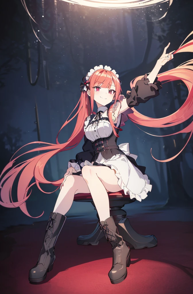 [(conversation room background:1.4)::5],original,(illustration:1.1),(best quality),(masterpiece:1.1),(extremely detailed CG unity 8k wallpaper:1.1), (colorful:0.9),(mid shot:0.95),(full body:1.5),Dynamic angle,(solo:1.2), (girl),((adult)), (detailed beautiful eyes:1.15), (beautiful face:1.15), (glowing red eyes:1.25////),((red medium hair)),(blunt bangs),(high twintails),(+perfect hand+:1.21),(Draw an illustration of a gothic girl),(Religious),(slender),(is wearing boots on her feet),((is wearing white maid clothes)),(furious), Lace Off-shoulder ta fashion,beautiful slender woman,((evil smile)),adult,thin legs,((red hair)),((mini skirt)),((mini skirt)),((black boots)),((black boots)),((black boots)),dynamic angle,dynamic pose,