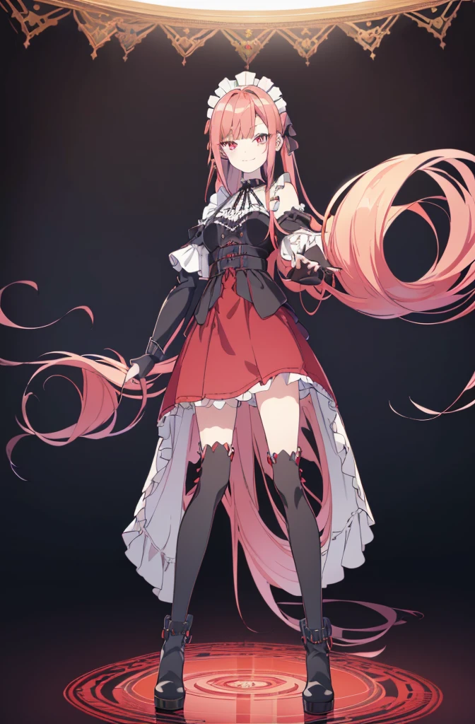 [(conversation room background:1.4)::5],original,(illustration:1.1),(best quality),(masterpiece:1.1),(extremely detailed CG unity 8k wallpaper:1.1), (colorful:0.9),(mid shot:0.95),(full body:1.5),Dynamic angle,(solo:1.2), (girl),((adult)), (detailed beautiful eyes:1.15), (beautiful face:1.15), (glowing red eyes:1.25////),((red medium hair)),(blunt bangs),(high twintails),(+perfect hand+:1.21),(Draw an illustration of a gothic girl),(Religious),(slender),(is wearing boots on her feet),((is wearing white maid clothes)),(furious), Lace Off-shoulder lolita fashion,beautiful slender woman,((evil smile)),adult,thin legs,((red hair)),((mini skirt)),((mini skirt)),((black boots)),((black boots)),((black boots)),dynamic angle,dynamic pose,