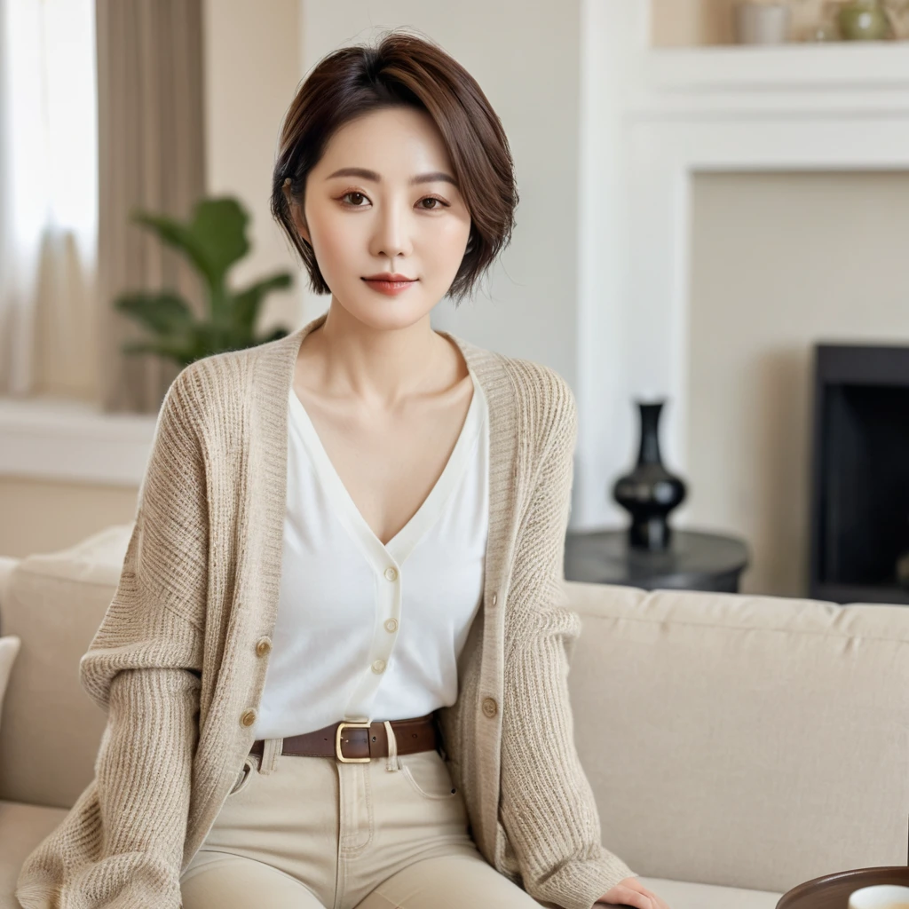 8k best picture quality, Beautiful 36-year-old Korean woman, short medium hair. Chest size 34 inches, Wearing a cardigan and beige jeans. luxury mansion living room, Sitting on the sofa, holding a ceramic coffee cup with both hands, full body shot