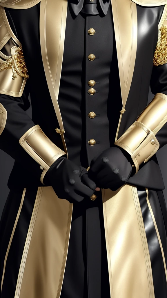 a close-up of a person in a black and gold suit, black and gold armor, gilded black uniform, black and gold armor, sleek gold armor, gold armour suit, Focus on black pilot costume, leather armored, leather pilots uniform, varia suit, uniforme avant designer, leather clothing under armor, helmet