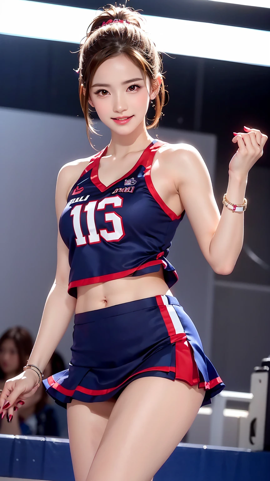 ((最high quality, 8K, masterpiece: 1.3, Ultra HD, high quality, 最high quality, High resolution, realism)) 、A very beautiful 22 year old Japanese woman、Idium Hair、Straight hair、smile、Slim but well-proportioned body、Athlete-like figure、I want to keep my head out of the screen.、Wear accessories on your wrist、Put an anklet on your ankle、Wearing red nail polish、Having a pedicure、Being a cheerleader, They dance the cheer dance、mini skirt