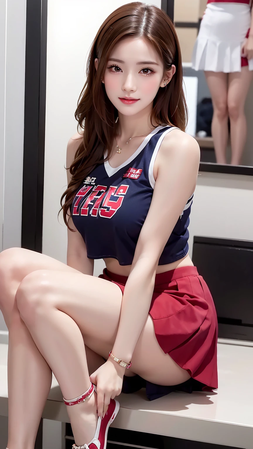 ((最high quality, 8K, masterpiece: 1.3, Ultra HD, high quality, 最high quality, High resolution, realism)) 、A very beautiful 22 year old Japanese woman、Idium Hair、Straight hair、smile、Slim but well-proportioned body、Athlete-like figure、I want to keep my head out of the screen.、Wear accessories on your wrist、Put an anklet on your ankle、Wearing red nail polish、Having a pedicure、Being a cheerleader, They dance the cheer dance、mini skirt