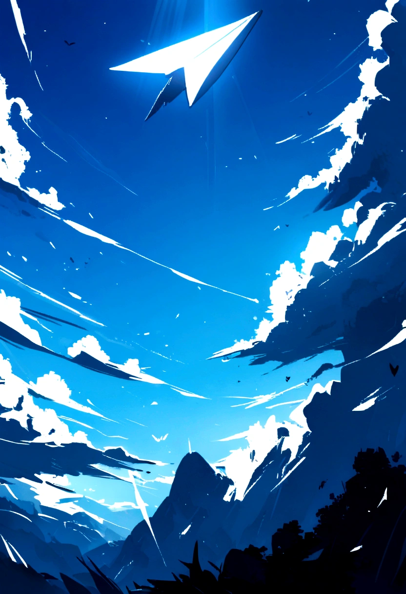 A paper plane flies through the blue sky