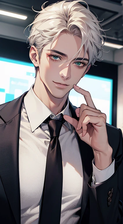 (Highest quality,4K,8K,High resolution,masterpiece:1.2),Super detailed,(Realistic,photoRealistic,photo-Realistic:1.37),1 person,34 years old,Mature Men,Beautiful skin、very handsome,Expressionless smile in love,Short white hair,green eyes,Sharp Eyes,A perfect face without a doubt,Businessman, CEO, Office Background,Cinema Lighting,HDR image,tie、