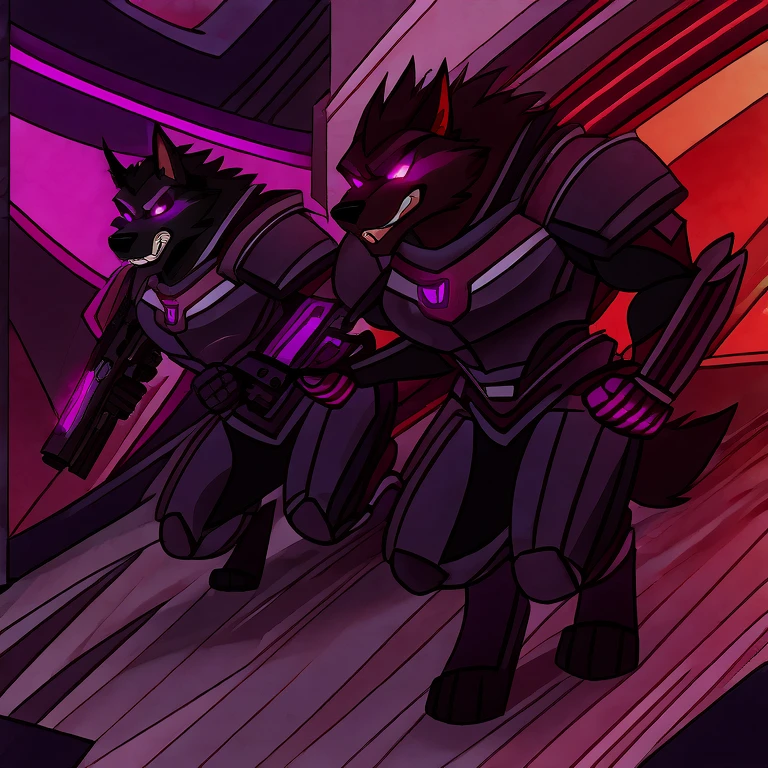 (masterpiece, best quality:1.2), group of Vortex male hellhounds, a couple of male bodyguards, wolves, furry, helluva boss, hypnotized with glowing purple eyes, angry serious face, wearing futuristic armor, using a Pulse Rifle, Energy Rifle, Futuristic assault rifle, chasing, hell streets background