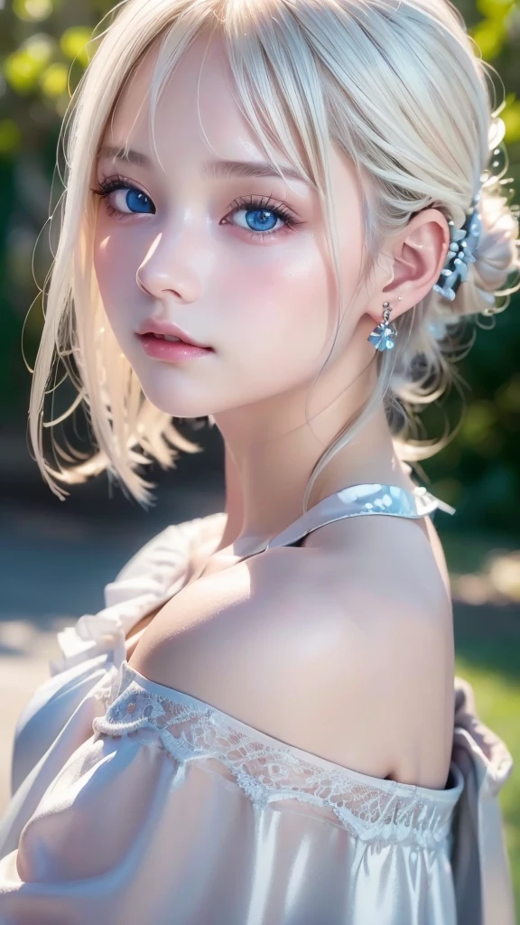 ((sfw: 1.4)), (( detailed face, cute face, detailed face, professional photography)), ((from side)), (( off-the-shoulder top)), (( Shiny platinum blonde silk hair, beautiful shiny bangs, big clear sky blue eyes, very beautiful bright eye highlights, earrings, 1 Girl)), Ultra High Resolution, (Realistic: 1.4), RAW Photo, Best Quality, (Photorealistic Stick), Focus, Soft Light, ((15 years old)), (( (young face))), (surface), (depth of field), masterpiece, (realistic), woman, bangs, ((1 girl))