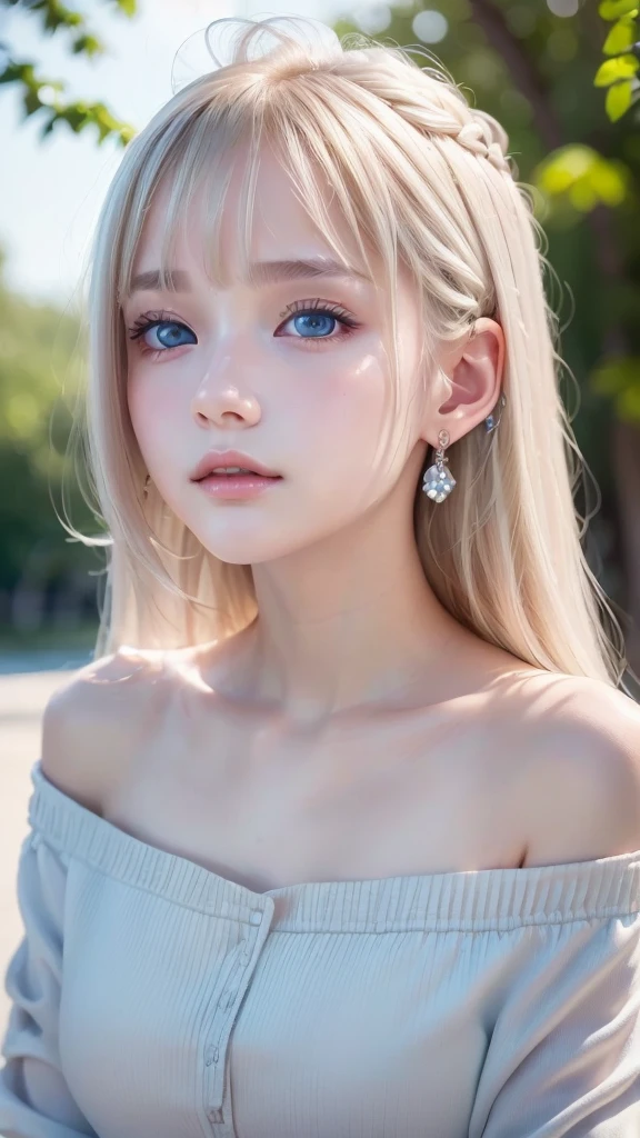 ((sfw: 1.4)), (( detailed face, cute face, detailed face, professional photography)), ((from side)), (( off-the-shoulder top)), (( Shiny platinum blonde silk hair, beautiful shiny bangs, big clear sky blue eyes, very beautiful bright eye highlights, earrings, 1 Girl)), Ultra High Resolution, (Realistic: 1.4), RAW Photo, Best Quality, (Photorealistic Stick), Focus, Soft Light, (()), (( (young face))), (surface), (depth of field), masterpiece, (realistic), woman, bangs, ((1 girl))