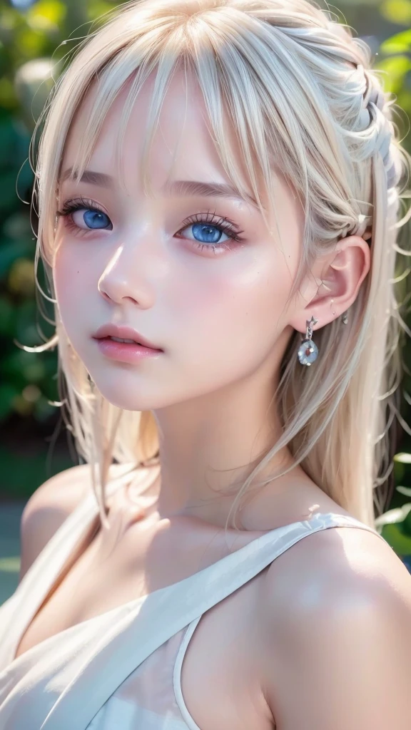 ((sfw: 1.4)), (( detailed face, cute face, detailed face, professional photography)), ((from side)), (( off-the-shoulder top)), (( Shiny platinum blonde silk hair, beautiful shiny bangs, big clear sky blue eyes, very beautiful bright eye highlights, earrings, 1 Girl)), Ultra High Resolution, (Realistic: 1.4), RAW Photo, Best Quality, (Photorealistic Stick), Focus, Soft Light, ((15 years old)), (( (young face))), (surface), (depth of field), masterpiece, (realistic), woman, bangs, ((1 girl))