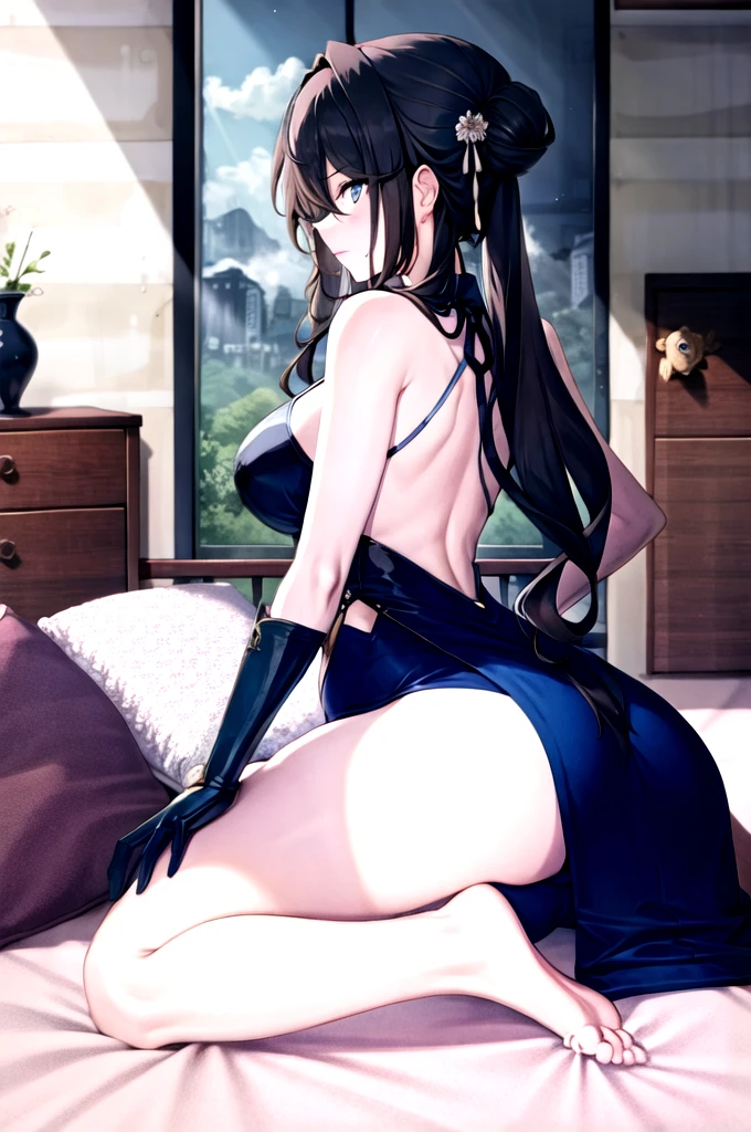 RUANMEI,Bangs,Long hair,skirt,Gloves,Hair between the eyes,Jewelry,Hair accessories,blue eyes,Black Hair,flower,black Gloves,blue skirt,indoors,bedroom,on the bed,A faint smile,wet, 1 Girl,
, (masterpiece,best quality:1.2),absurd,whole body,,pretty feet,Bare legs,sexy,tall,thin legs,ass,after having sex