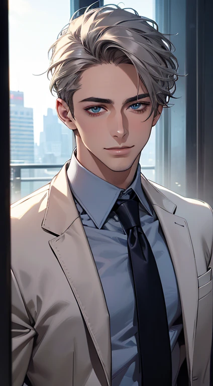 (Highest quality,4K,8K,High resolution,masterpiece:1.2),Super detailed,(Realistic,photoRealistic,photo-Realistic:1.37),1 person,31 years old,Mature Men,Beautiful skin、very handsome,Expressionless,smile,Short gray hair,blue eyes,Sharp Eyes,A perfect face without a doubt,Businessman,Office Background,Cinema Lighting,HDR image,tie、