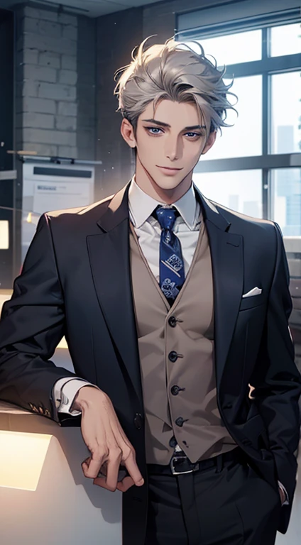 (Highest quality,4K,8K,High resolution,masterpiece:1.2),Super detailed,(Realistic,photoRealistic,photo-Realistic:1.37),1 person,31 years old,Mature Men,Beautiful skin、very handsome,Expressionless,smile,Short gray hair,blue eyes,Sharp Eyes,A perfect face without a doubt,Businessman,Office Background,Cinema Lighting,HDR image,tie、
